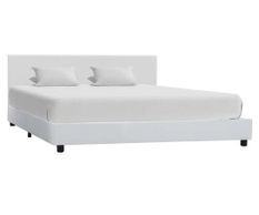 Lit adulte simili cuir blanc et pieds bois massif noir Nyam 180x200 cm