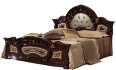 Lit baroque laqué acajou tête de lit capitonnée simili cuir beige Soraya 160x200 cm