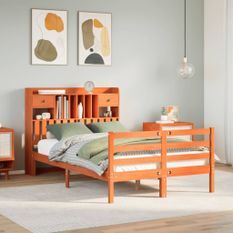 Lit bibliothèque sans matelas cire marron 135x190 cm pin massif