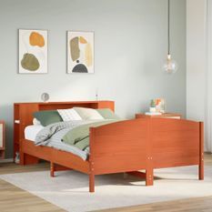 Lit bibliothèque sans matelas cire marron 135x190 cm pin massif