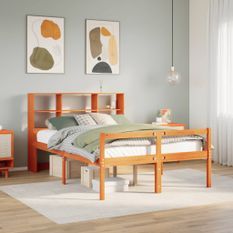 Lit bibliothèque sans matelas cire marron 135x190cm bois massif