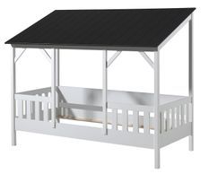 Lit cabane MILA 90x200 cm – Pin massif blanc & toit noir