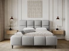 Lit coffre capitonné KENZY – Tissu à boucles, sommier métal renforcé & rangement intégré