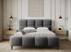 Lit coffre capitonné KENZY – Velours, sommier métal renforcé & rangement intégré
