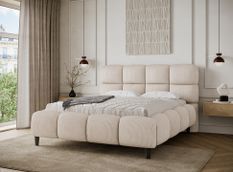 Lit coffre capitonné KENZY – Velours côtelé, sommier métal renforcé & rangement intégré
