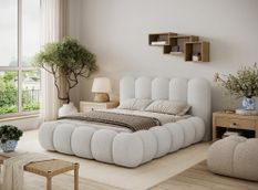 Lit coffre NOBU en tissu bouclette avec tête de lit capitonnée