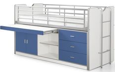 Lit combiné 90x200 cm avec sommier 1 bureau 3 tiroirs bois blanc et bleu Bonny