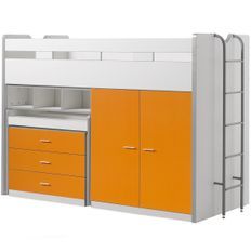 Lit combiné 90x200 cm avec sommier 3 tiroirs 2 portes bois blanc et orange Bonny