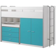 Lit combiné 90x200 cm avec sommier 3 tiroirs 2 portes bois blanc et turquoise Bonny
