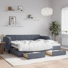 Lit de jour avec gigogne et tiroirs gris foncé 90x200cm velours