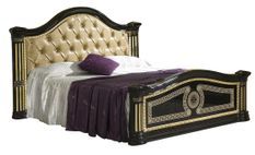 Lit design laqué noir tête de lit capitonnée simili cuir beige Savana 160x200 cm