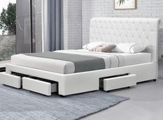 Lit double 4 tiroirs avec tête de lit capitonnée simili cuir blanc Mysk 160x200 cm