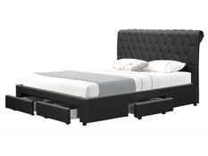 Lit double 4 tiroirs avec tête de lit capitonnée simili cuir noir Mysk 160x200 cm