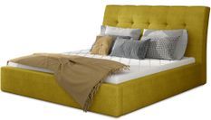 Lit double capitonné tissu doux jaune olive Kevina - 4 tailles