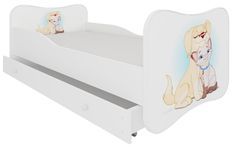 Lit enfant bois blanc à tiroirs avec imprimé chien et chat 70x140 ou 80x160 cm - Sommier et matelas inclus - Ondula
