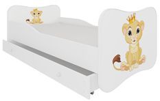 Lit enfant bois blanc à tiroirs avec imprimé petit roi lion 70x140 ou 80x160 cm - Sommier et matelas inclus - Ondula