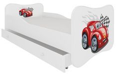 Lit enfant bois blanc à tiroirs avec imprimé voiture Cars 70x140 ou 80x160 cm - Sommier et matelas inclus - Ondula