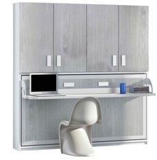 Lit escamotable 140x190 cm P 53 cm chêne gris avec étagères et bureau Miko