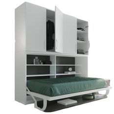 Lit escamotable 90x190 cm P 53 blanc satiné avec étagères et bureau Miko