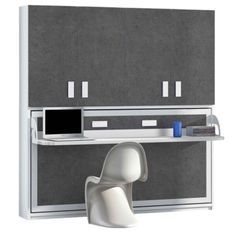 Lit escamotable 90x190 cm P 53 cm gris béton avec étagères et bureau Miko