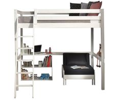 Lit Mezzanine 140x200 avec sommier inclus, bibliothèque et fauteuil convertible PIKO – Blanc
