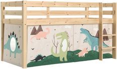 Lit mezzanine 90x200 cm avec tente dinosaure pin massif clair Pino