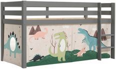 Lit mezzanine 90x200 cm avec tente dinosaure pin massif gris Pino