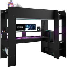 Lit mezzanine combiné enfant LED Gamer ONLINE - 90x200 cm - Noir mat - Sommier inclus