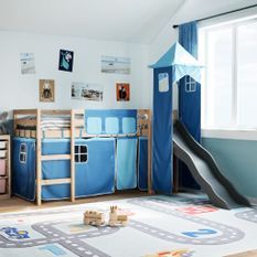 Lit mezzanine enfants avec tour bleu 80x200cm bois pin massif