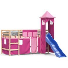 Lit mezzanine enfants avec tour rose 80x200cm bois pin massif