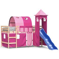 Lit mezzanine enfants avec tour rose 80x200cm bois pin massif