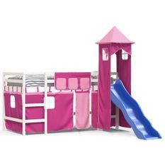 Lit mezzanine enfants avec tour rose 90x200 cm bois pin massif