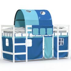 Lit mezzanine enfants avec tunnel bleu 80x200cm bois pin massif