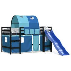 Lit mezzanine enfants avec tunnel bleu 80x200cm bois pin massif