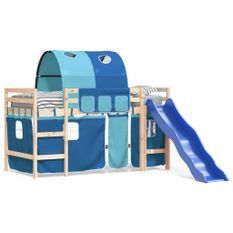 Lit mezzanine enfants avec tunnel bleu 80x200cm bois pin massif