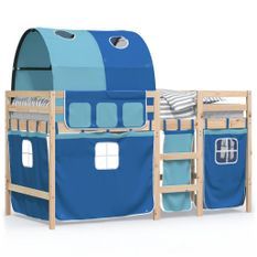 Lit mezzanine enfants avec tunnel bleu 80x200cm bois pin massif