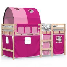 Lit mezzanine enfants avec tunnel rose 80x200cm bois pin massif