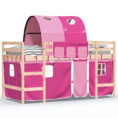 Lit mezzanine enfants avec tunnel rose 90x200cm bois pin massif