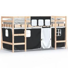 Lit mezzanine enfants et rideaux blanc/noir 80x200cm pin massif