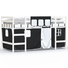 Lit mezzanine enfants et rideaux blanc/noir 90x190cm pin massif