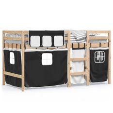 Lit mezzanine enfants et rideaux blanc/noir 90x190cm pin massif
