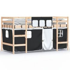 Lit mezzanine enfants et rideaux blanc/noir 90x200cm pin massif