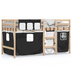 Lit mezzanine enfants et rideaux blanc/noir 90x200cm pin massif