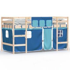 Lit mezzanine enfants et rideaux bleu 80x200cm bois pin massif