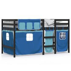 Lit mezzanine enfants et rideaux bleu 80x200cm bois pin massif