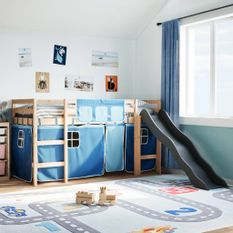 Lit mezzanine enfants et rideaux bleu 80x200cm bois pin massif