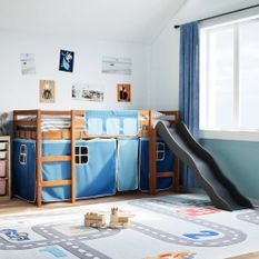 Lit mezzanine enfants et rideaux bleu 80x200cm bois pin massif