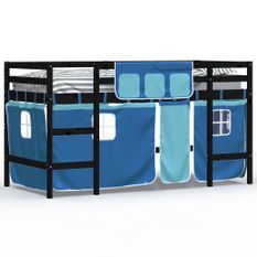 Lit mezzanine enfants et rideaux bleu 90x190cm bois pin massif