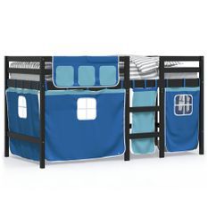 Lit mezzanine enfants et rideaux bleu 90x200cm bois pin massif