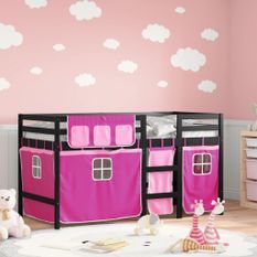 Lit mezzanine enfants et rideaux rose 80x200cm bois pin massif